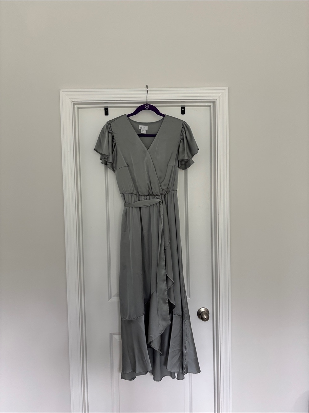 Flutter-Sleeve Wrap Maxi Dress in Dusty Blue-Green